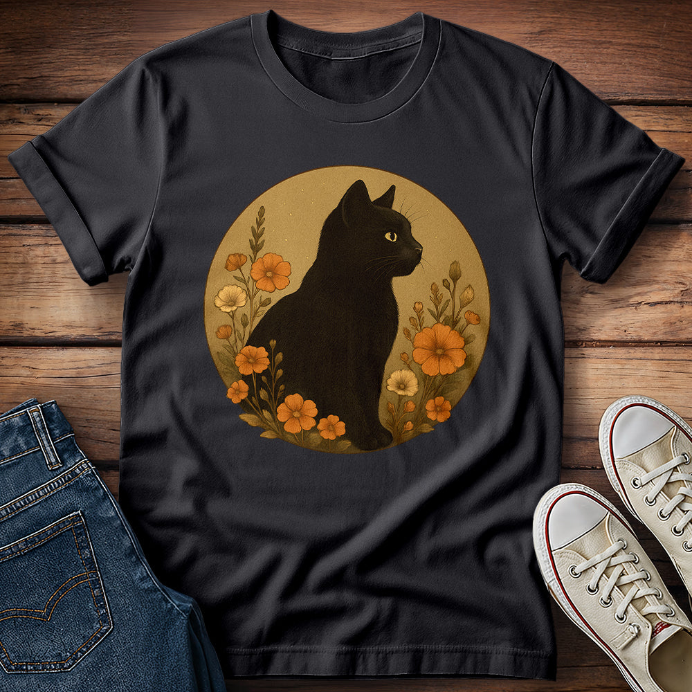 Black Cat Amidst Flowers T-Shirt