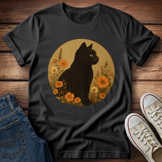 Black Cat Amidst Flowers T-Shirt