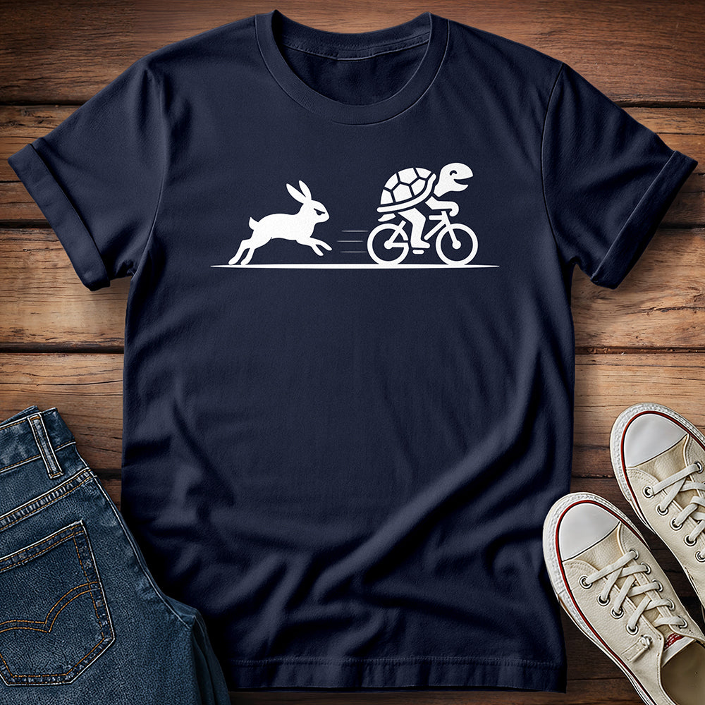 Hare Chasing Turtle on Bike T-Shirt